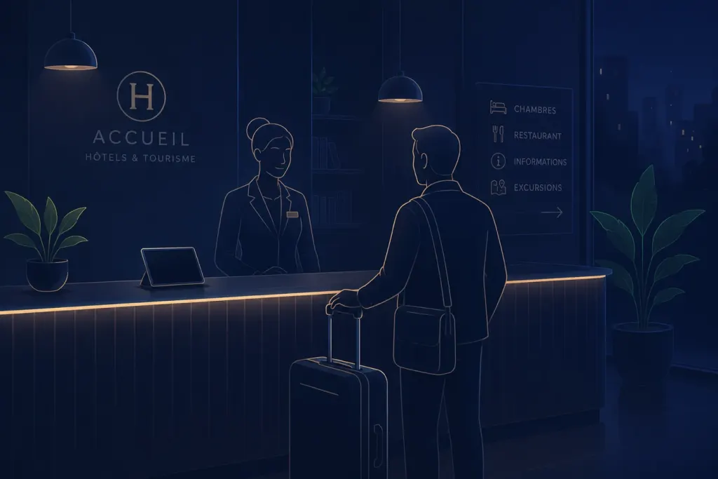 Accueil d'hôtel — traduction en direct sur l'iPad du comptoir
